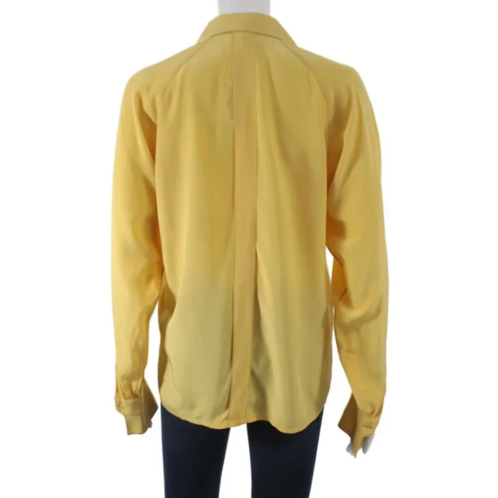 Chanel Women Yellow Silk Collared Long Sleeve Basic Blouse Size 38